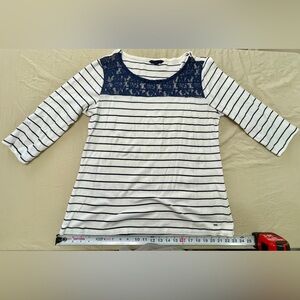 Tommy Hilfiger White Navy 3/4 Sleeve Striped Top with Lace Accents, Size XL